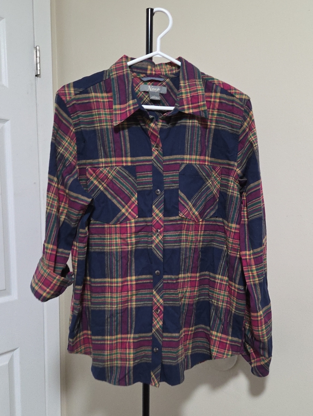 Natural Reflections 100% Cotton Navy Plaid Jacket with Red and Yellow Accents